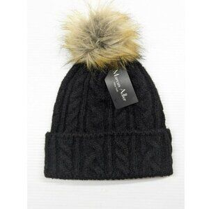 Marcus Adler Women's Black Cable Knit Faux Fur Pom Beanie O/S (MSRP $48)